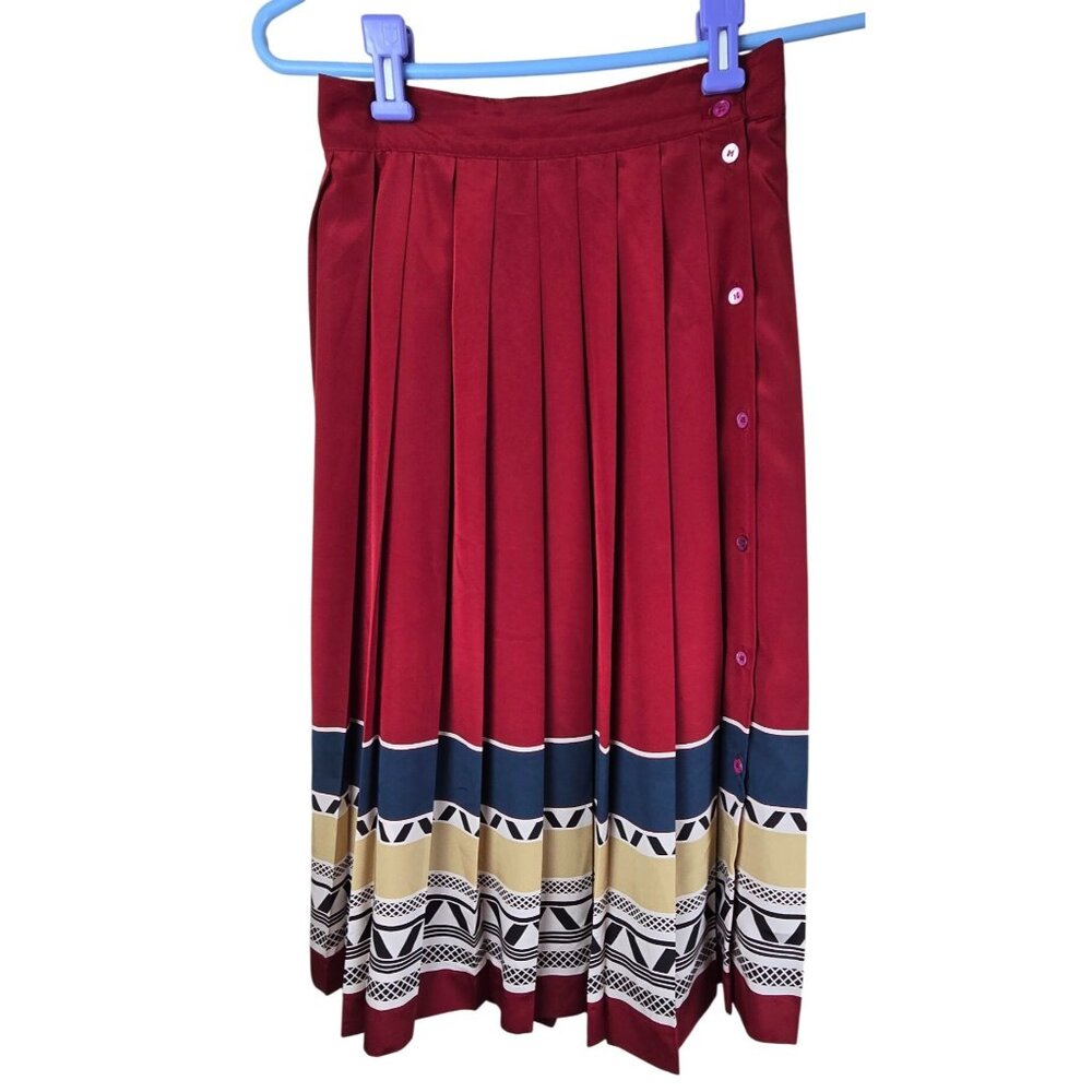 VTG Liz‎ Claiborne Pleated Midi Skirt Button Side Geometric Print Red/Blue/Tan